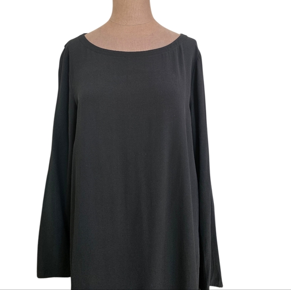 Eileen Fisher Georgette Crepe Bateau Tunic Dress 100% Silk Size M Black - Picture 3 of 16